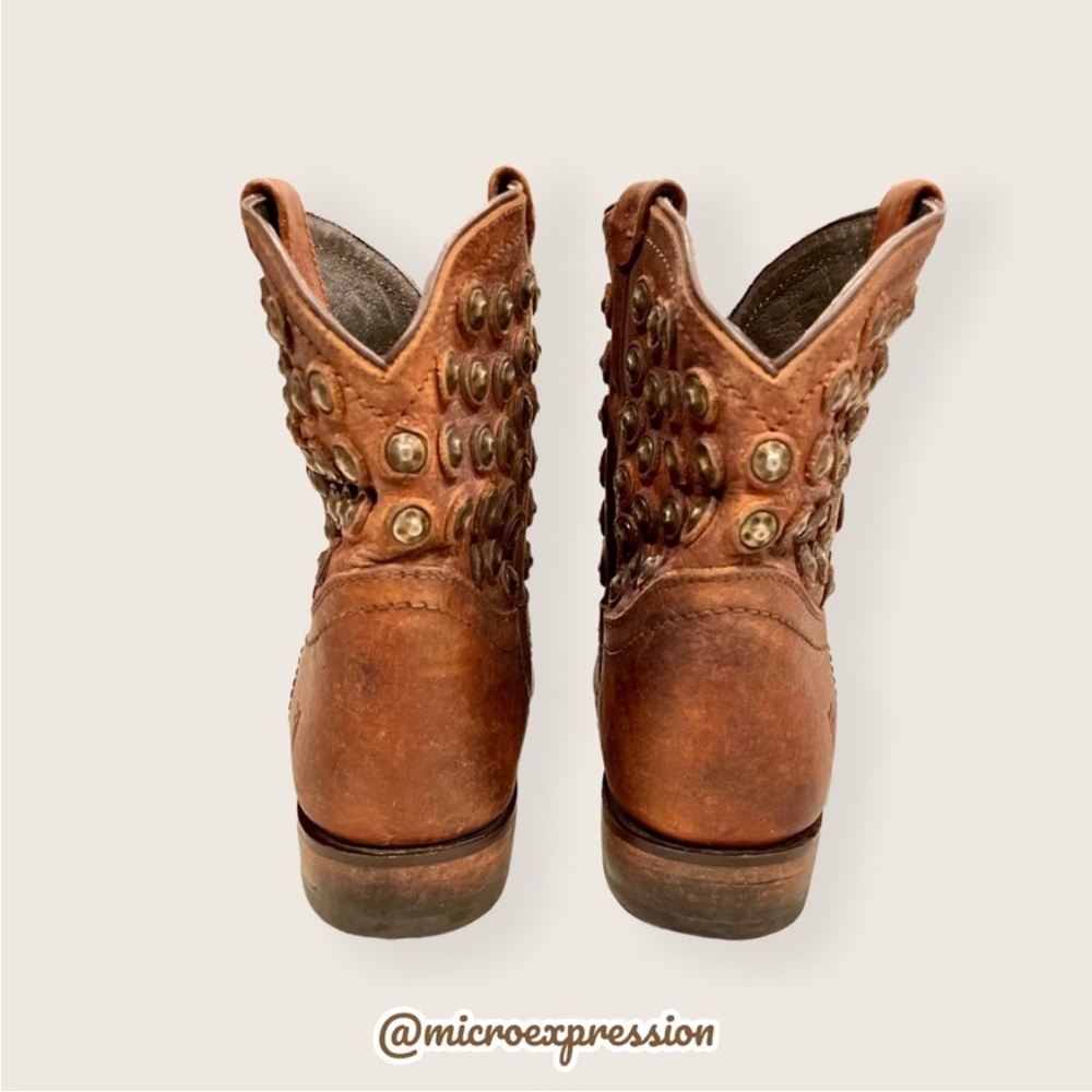 Frye Wyatt Disc Leather Brown Cowboy Metal Moto Vintage Distressed Ankle Boot - Picture 6 of 9